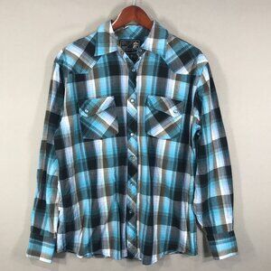 Elixir Shirt Men's Medium Blue Plaid Snap Button Down Long Sleeve Western Cowboy